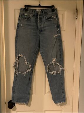 Agolde Light Wash Button-Fly Jeans distress hole in knees sz tag 27 waist 14-15